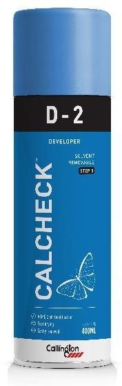 Callington CalCheck D-2 aerosol can, blue, labelled Developer, Solvent Removable, Step 3, 400 ml