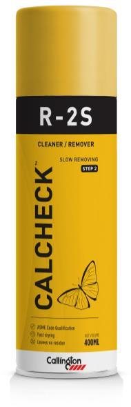 Callington CalCheck R-2S aerosol can, yellow, labelled Cleaner / Remover, Slow Removing, Step 2, 400 ml