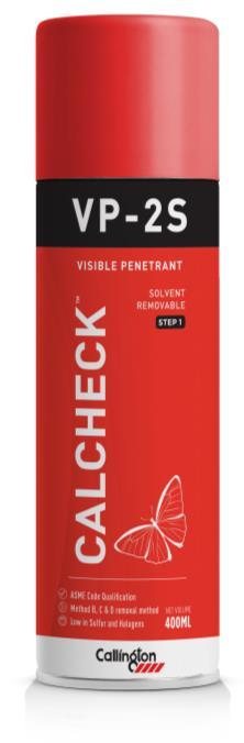 Callington CalCheck VP-2S aerosol can, red, labelled Visible Penetrant, Solvent Removable, Step 1, 400 ml