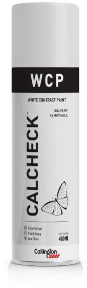 Callington CalCheck WCP aerosol can, white, labelled White Contrast Paint, Solvent Removable, 400 ml
