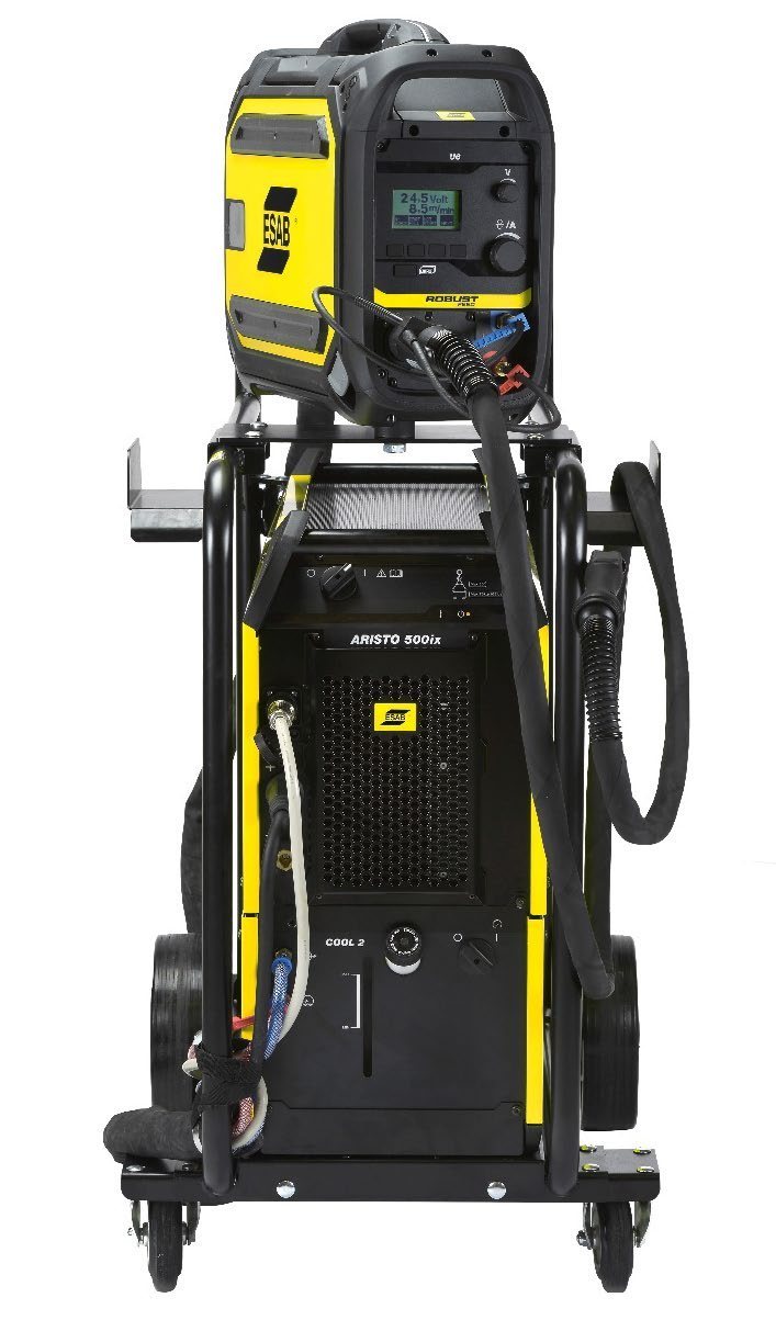 ESAB Aristo 500ix power source on its cart with a Robust Feed U6 wire feeder mounted above and cables stowed on the cable holders