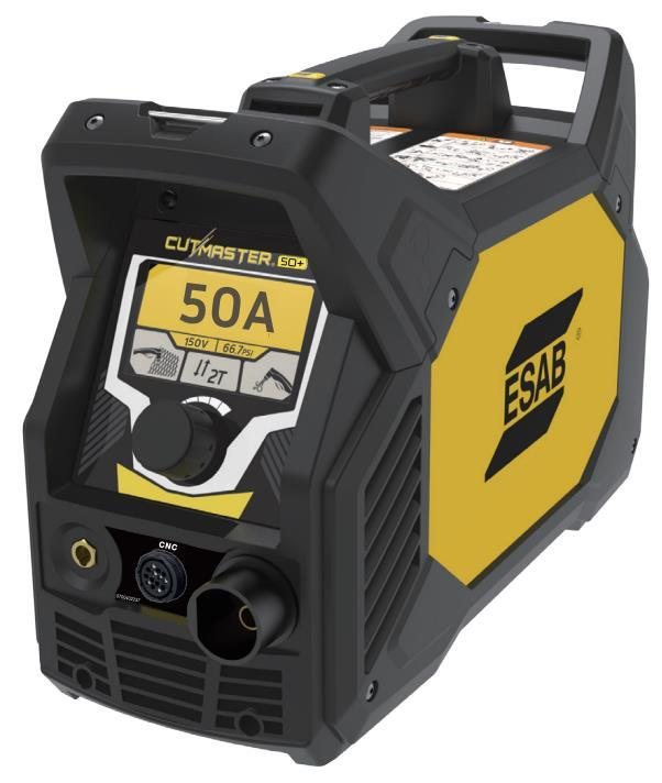 ESAB Cutmaster 50+ portable plasma cutter with carrying handles and a TFT display reading 50A
