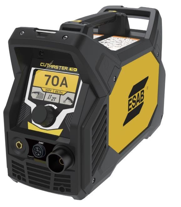 ESAB Cutmaster 70+ portable plasma cutter with carrying handles and a TFT display reading 70A
