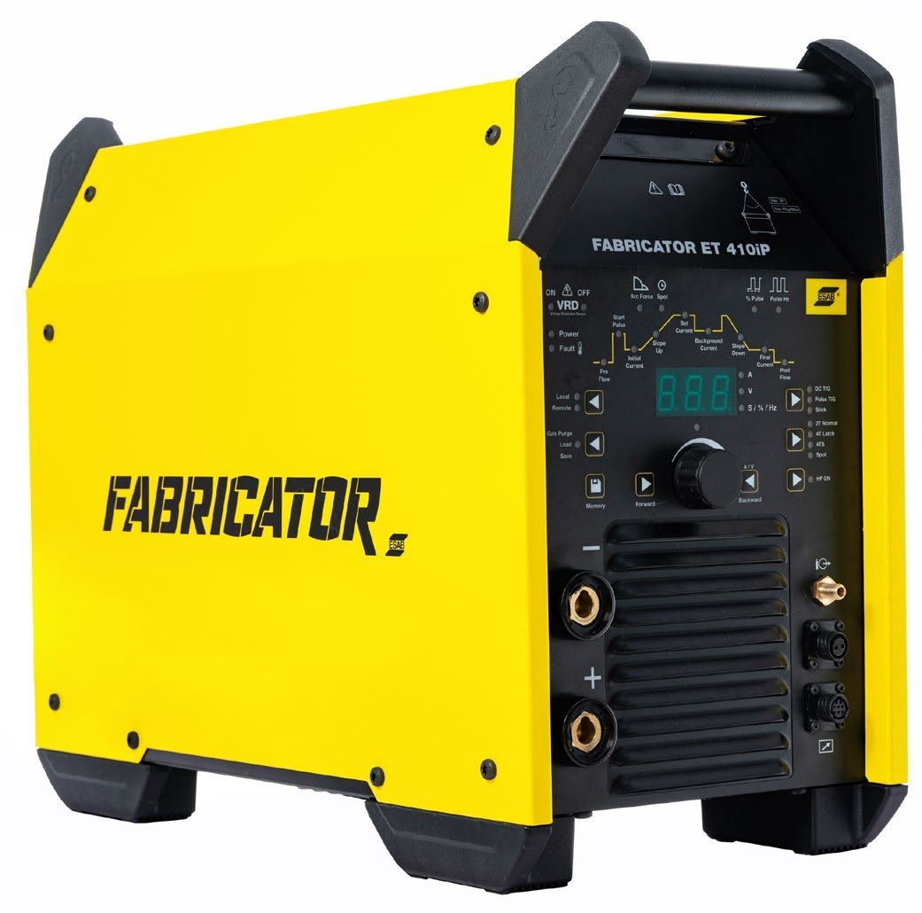 ESAB Fabricator ET 410iP heavy-duty TIG welding inverter, yellow and black, showing the control panel and welding terminals