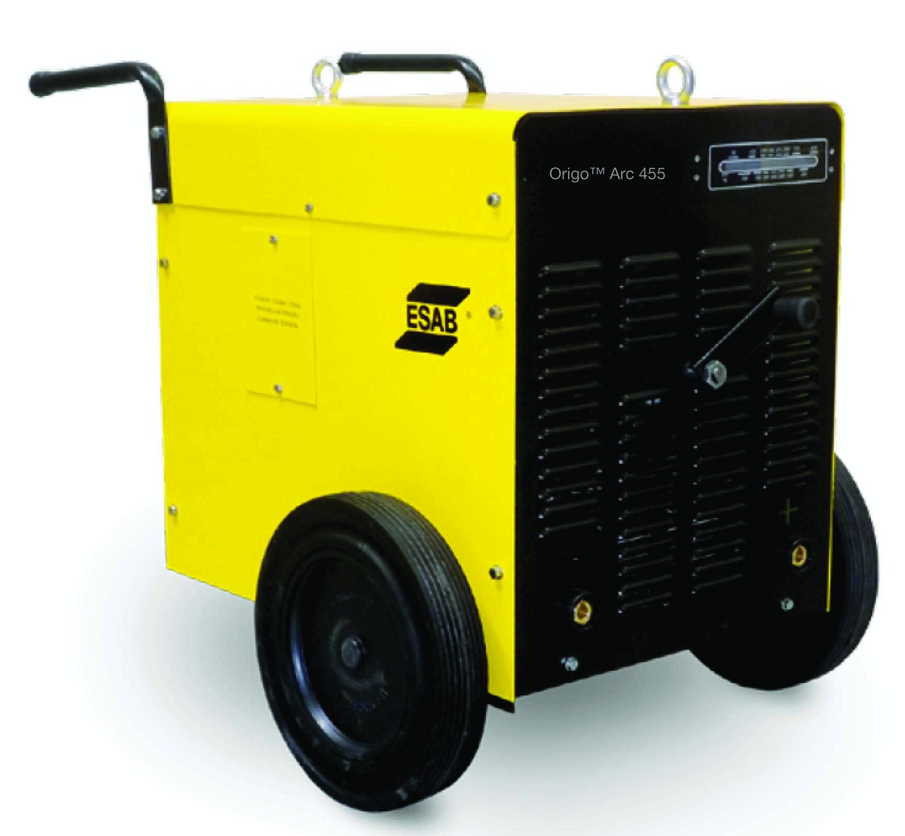 ESAB Origo Arc 455 welding rectifier on a two-wheel trolley with lifting eye and front panel current crank