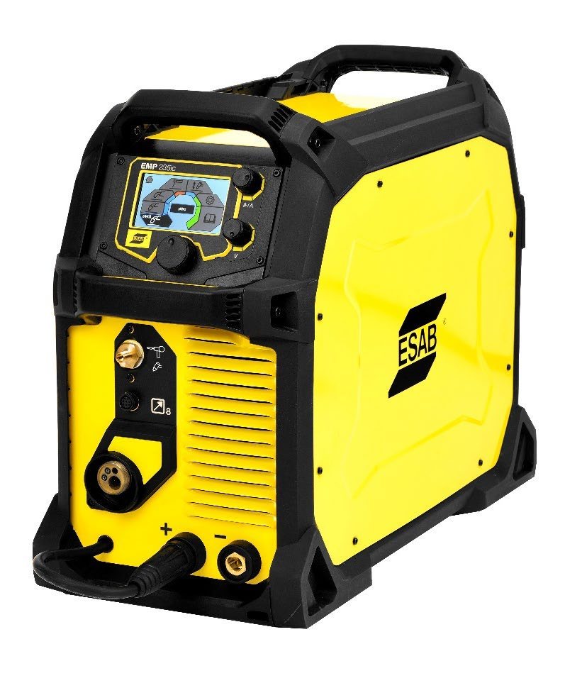 ESAB Rebel EMP 235ic dual-voltage welding machine, front three-quarter view showing the colour TFT panel, Euro torch connection and positive and negative terminals