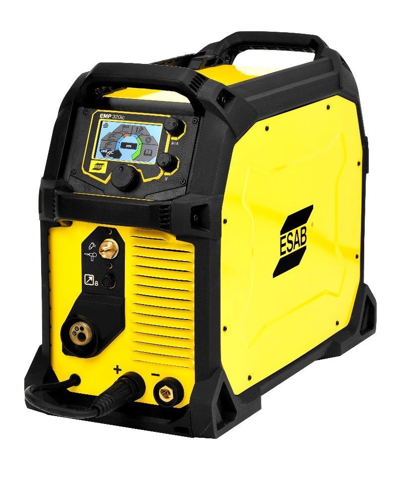 ESAB Rebel EMP 320ic multi-process welding machine, front three-quarter view showing the colour TFT display, Euro torch connection and welding terminals