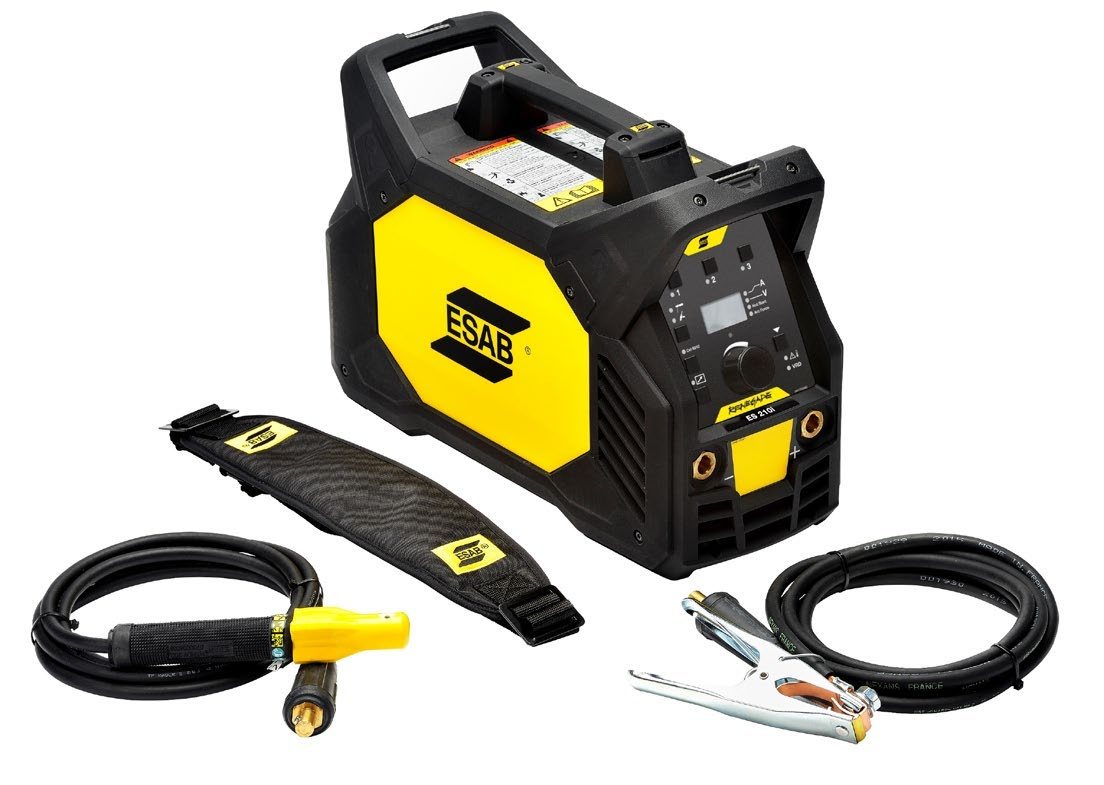 ESAB Renegade ES 210i stick welding machine with shoulder strap, work lead and Handy 200 electrode holder as supplied