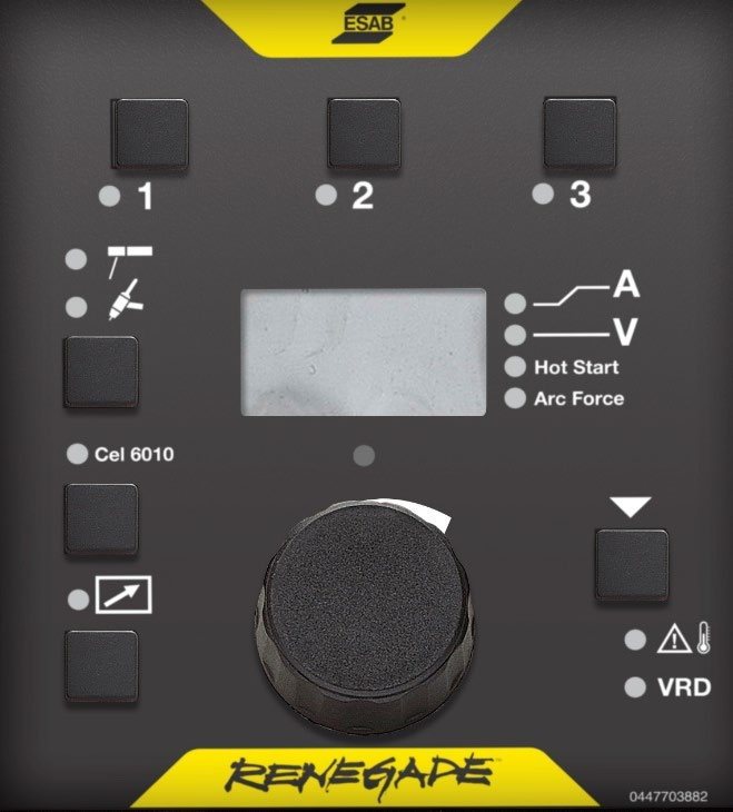 Renegade ES 210i control panel showing three memory buttons, amperage and voltage display, Cel 6010 mode, Hot Start, Arc Force and VRD indicators
