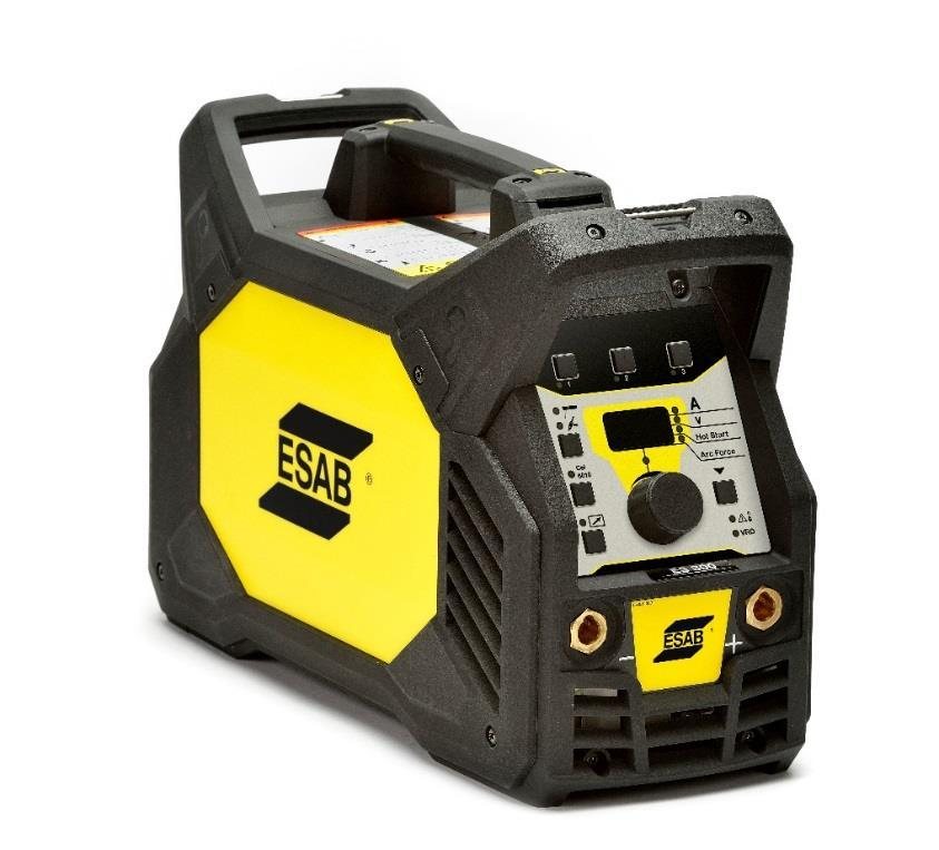ESAB Renegade ES 300i stick welding machine, front three-quarter view showing the light-background control panel with hot start and arc force controls and two OKC 50 welding terminals