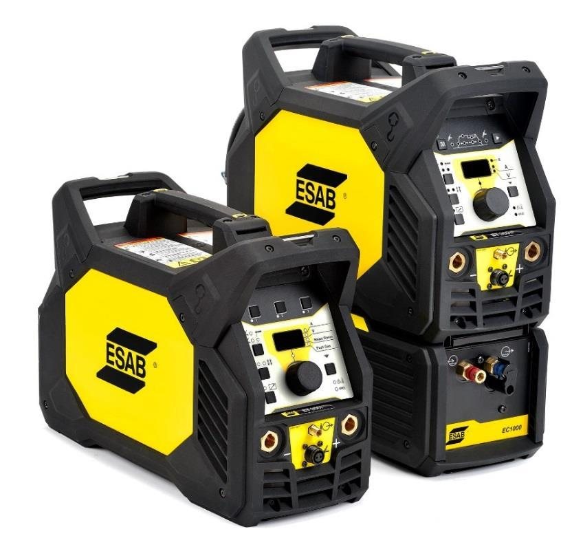 ESAB Renegade ET 300i and ET 300iP TIG welding machines side by side in rugged composite cases with carry handles