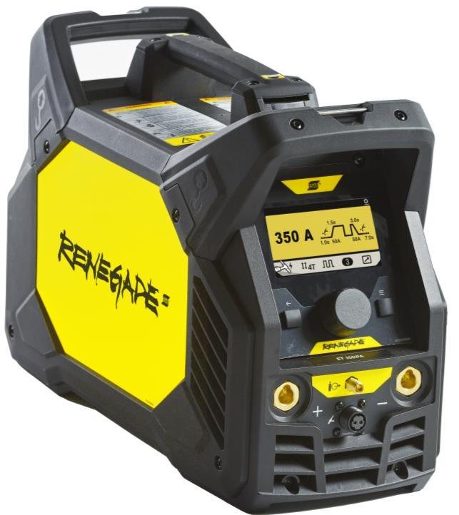 ESAB Renegade ET 350iPA TIG welding machine in rugged composite casing with TFT panel showing 350 A