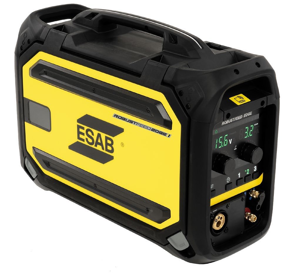 ESAB RobustFeed Edge wire feeder with the lid open, showing the wire spool compartment, PreciDrive feed mechanism, internal graphic panel and wear part storage in the lid