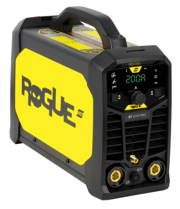 ESAB Rogue ET 201iP PRO portable TIG welding machine, yellow and black, with the display reading 200A