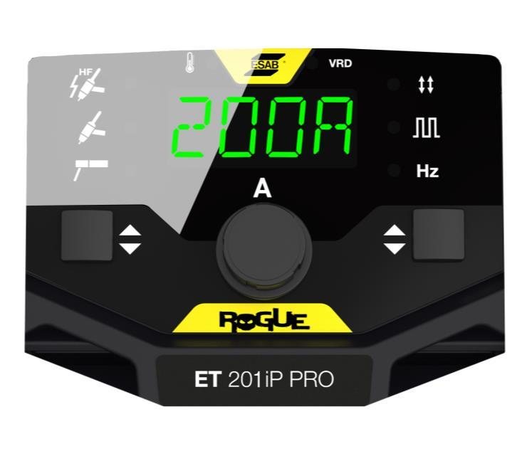 Rogue ET 201iP PRO control panel showing 200A on the digital display with TIG sequence, pulse frequency and VRD controls
