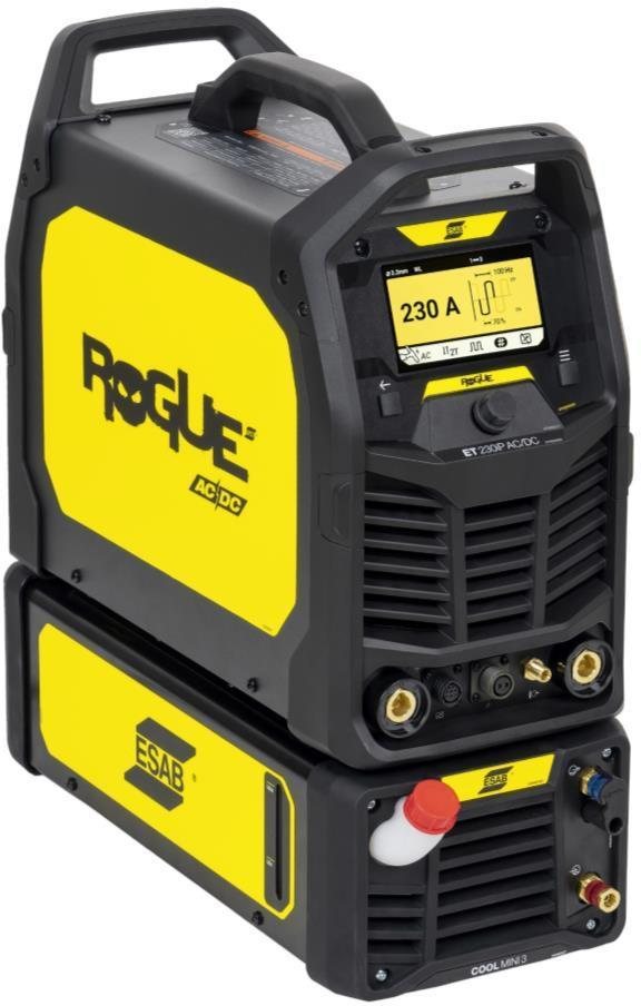 ESAB Rogue ET 230iP AC/DC TIG welding machine with the CoolMini 3 water cooler mounted beneath it, the five-inch colour display reading 230 A
