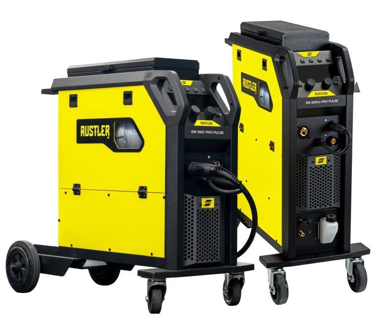 Two ESAB Rustler EM PRO compact MIG welding inverters side by side on wheels with torch holders and cable management