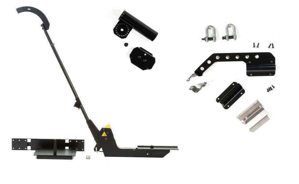 ESAB Warrior Edge accessories laid out on white: counterbalance arm, torch holder, boom adaptor lifting device, feeder mounting kit, shackles and fixings