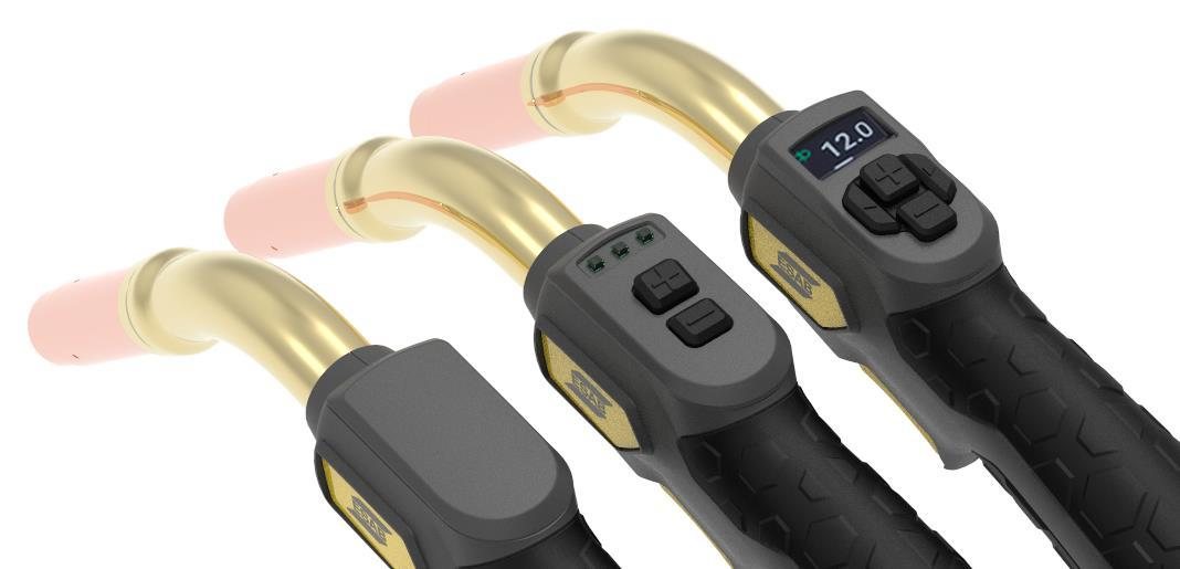 Three Exeor MIG 4.0G2 torch handles side by side: the standard torch, the CX version with up/down buttons, and the DX version with a graphic display reading 12.0