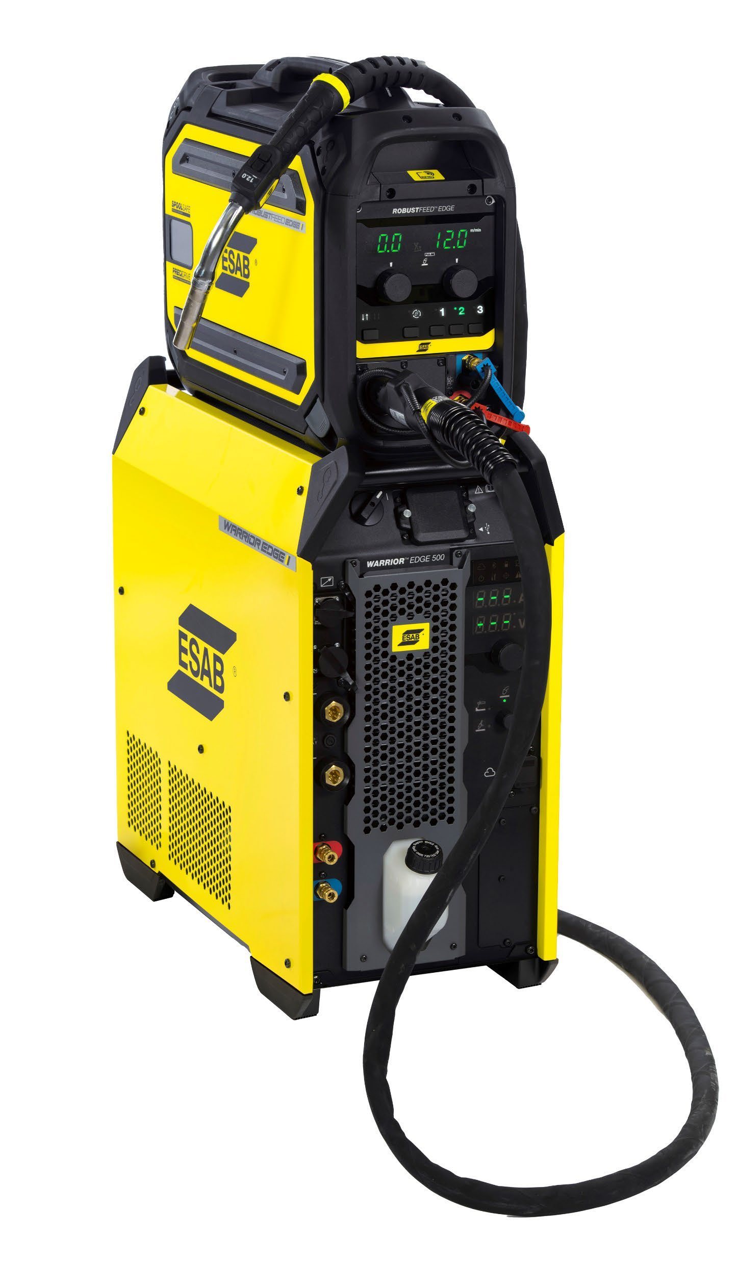 ESAB Warrior Edge 500 DX power source with a RobustFeed Edge CX wire feeder mounted on top and an Exeor DX torch connected