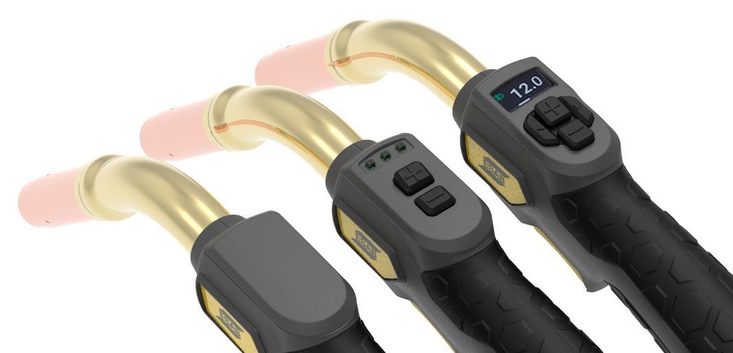 Three Exeor MIG torch handles side by side: standard, CX with up/down buttons, and DX with a graphic display