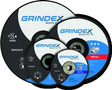 Grindex cutting discs fanned out showing several diameters with blue and black labels