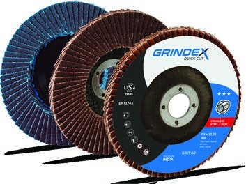 Grindex flap discs showing overlapping abrasive flaps in several grits and diameters