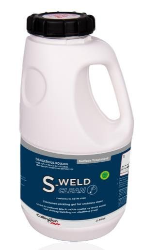 Callington S-Weld Clean 2.5 kg container with black security cap, labelled thickened pickling gel for stainless steel and Dangerous Poison