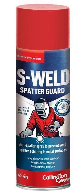 Callington S-Weld Spatter Guard aerosol can, 454 g, showing a welder illustration and the claims non-flammable, no silicone, for MIG and electrode welding