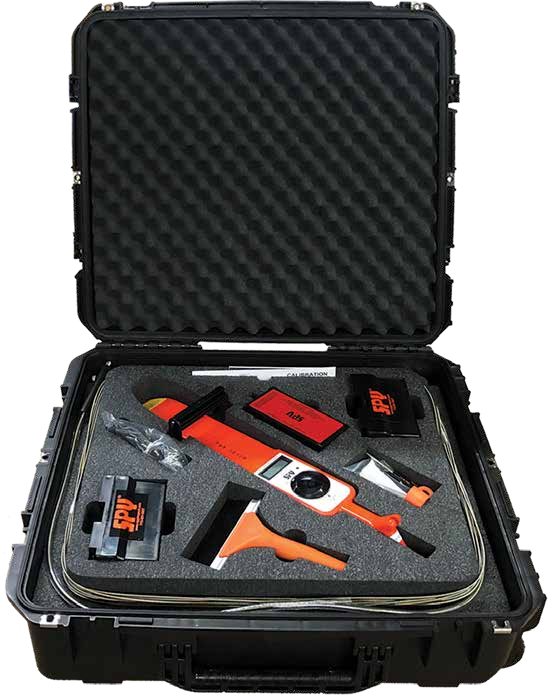 SPY portable holiday detector in its fitted transport case with electrode accessories, spare battery and charger